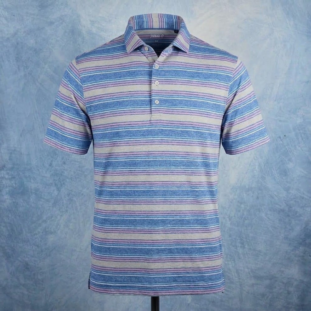 Johnnie-O Mens Blue Pink Striped Performance Golf Polo Shirt Size M UPF 50